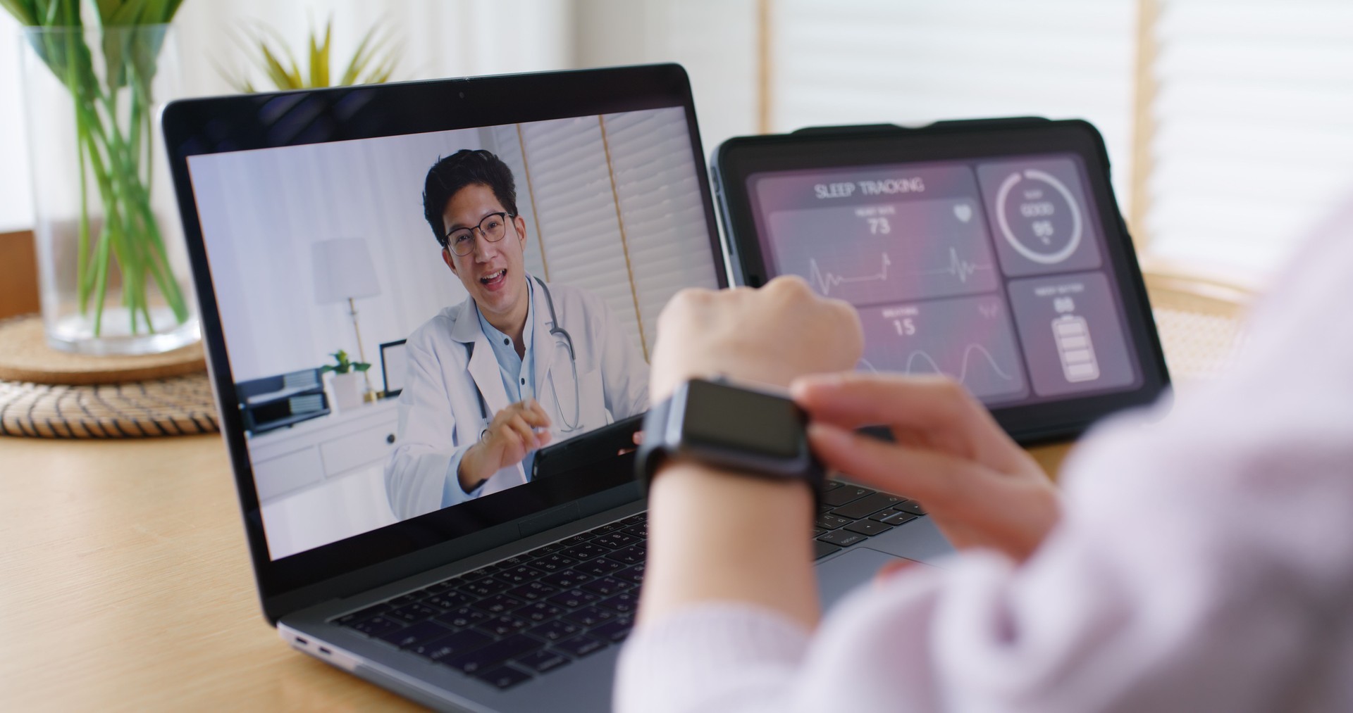 Asia people young woman video call talk chat help guide online at home by AI tele consult telehealth telemedicine app clinic in IoT device collect ECG data heart pulse sleep rate on cloud computing.